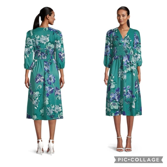 Gabby Skye Dresses & Skirts - NWT Puff Sleeves V-neck Smocked Waist Midi Dress Sz 10